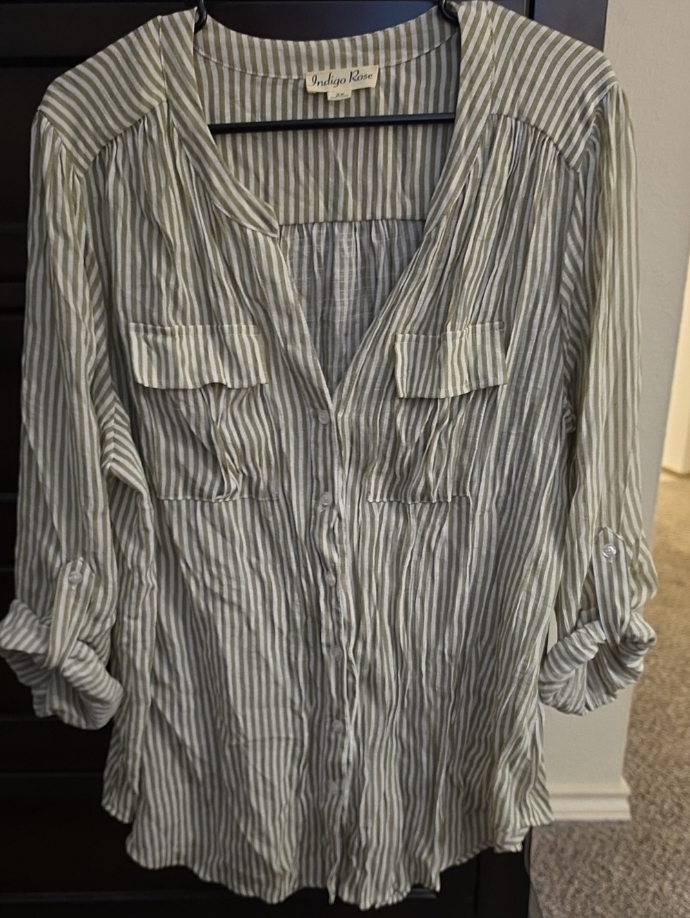 Indigo Rose Sage & White Striped Button-Front Tunic